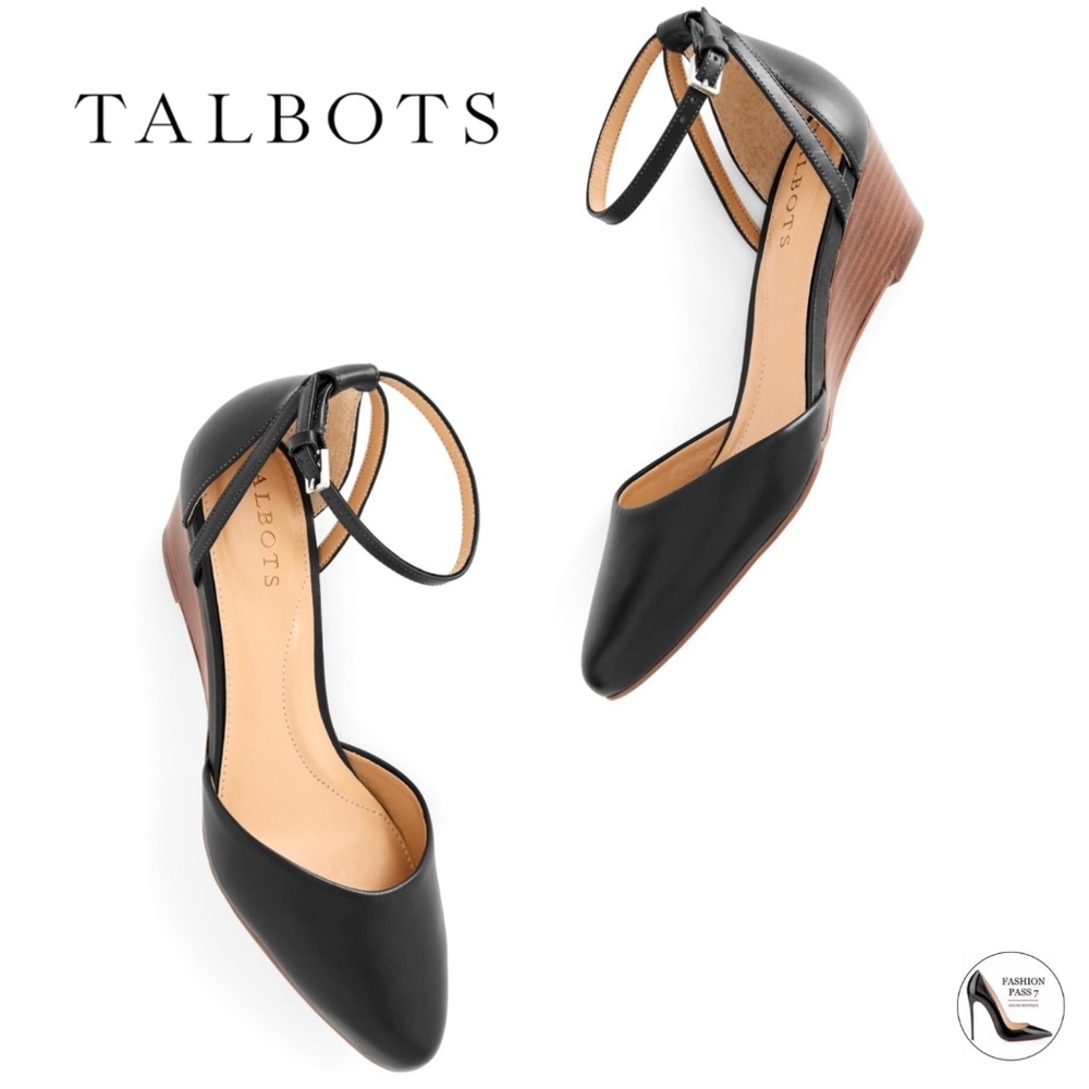 Talbots LANEY D'ORSAY BLACK SOFT LEATHER WEDGES Ankle Strap Almond toe Shoes 8